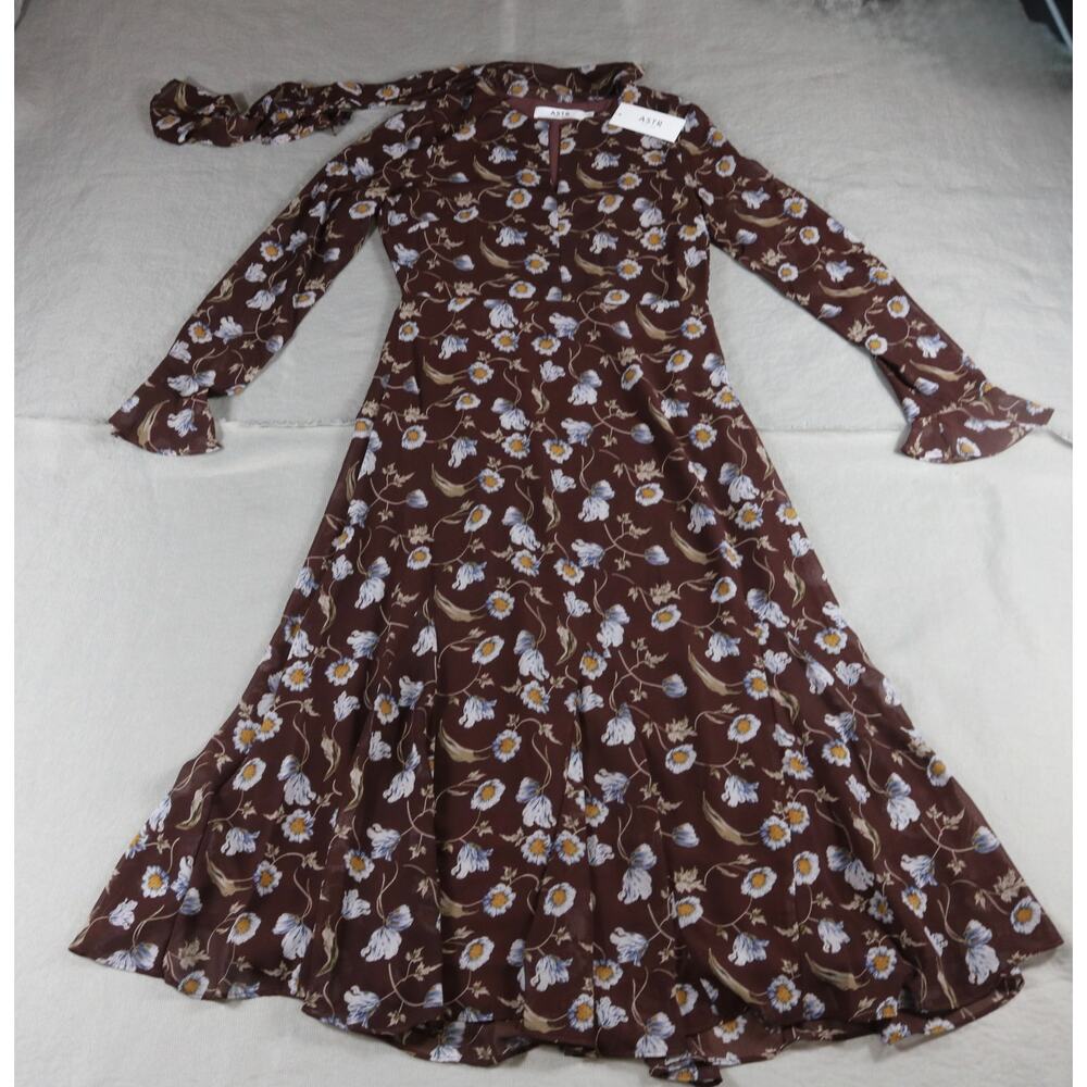 New Astr The Label Dress Small Floral Print Tie Neck Long Sleeve Midi Lined - Picture 2 of 10